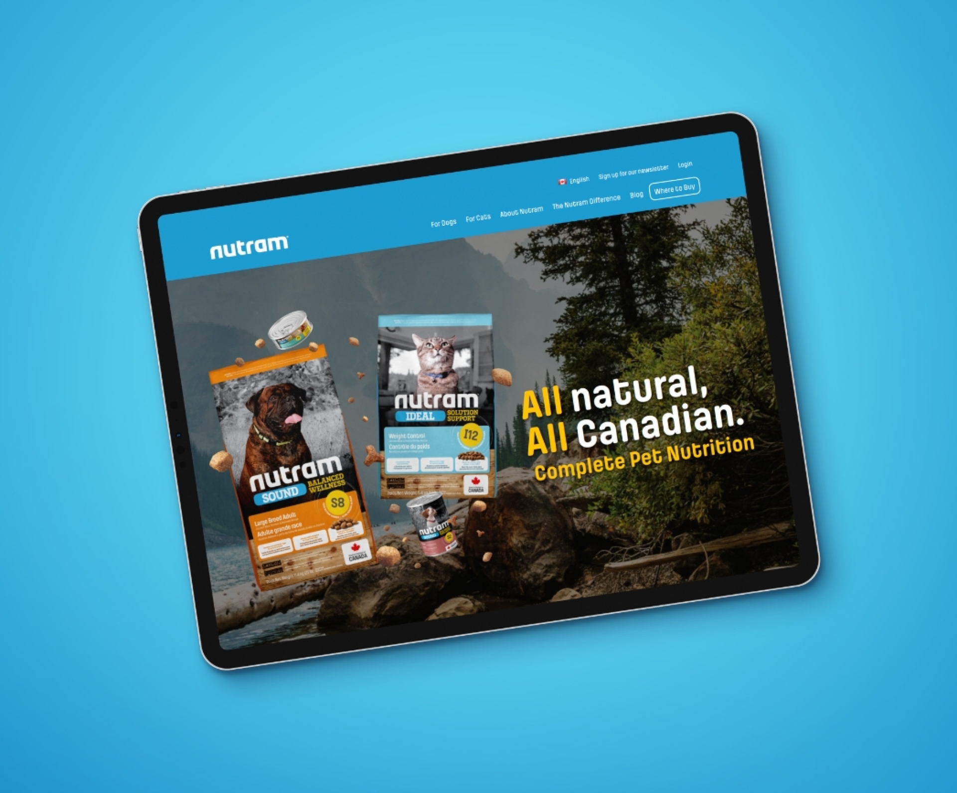 The Nutram website homepage on a tablet